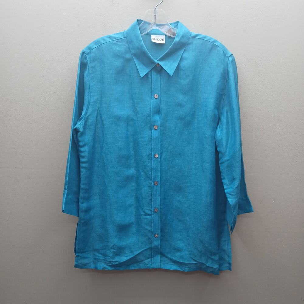 Chico's Linen Silk Blend Button Down Tunic Shirt Top Coastal Blue Size 1 US Med